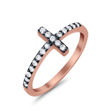 Wedding Eternity Sideways Cross Rings Rose Tone, Simulated CZ 925 Sterling Silver